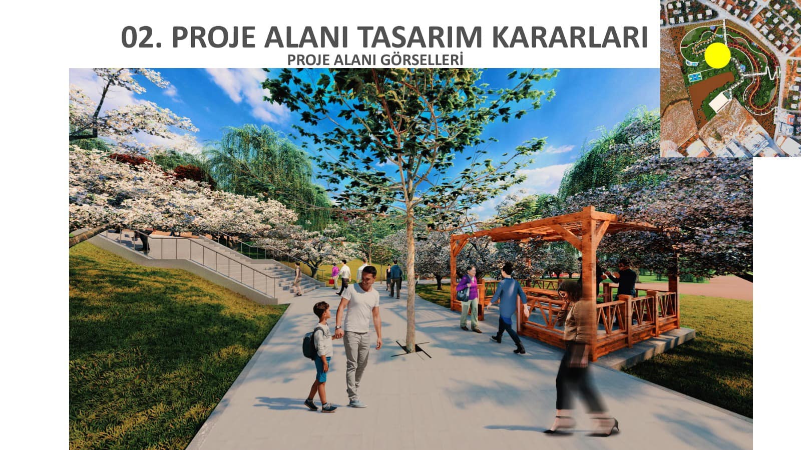 Bir 7 kişi, ayakta duran insanlar, ağaç, açık hava ve şunu diyen bir yazı '02. PROJE ALANI TASARIM KARARLARI PROJE ALANI GÃ–RSELLERÄ' görseli olabilir