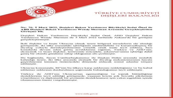 No: 76, 5 Mart 2022, Dışişleri Bakan Yardımcısı Büyükelçi Sedat Önal ile ABD Dışişleri Bakan Yardımcısı Wendy Sherman Arasında Gerçekleştirilen Görüşme Hk.